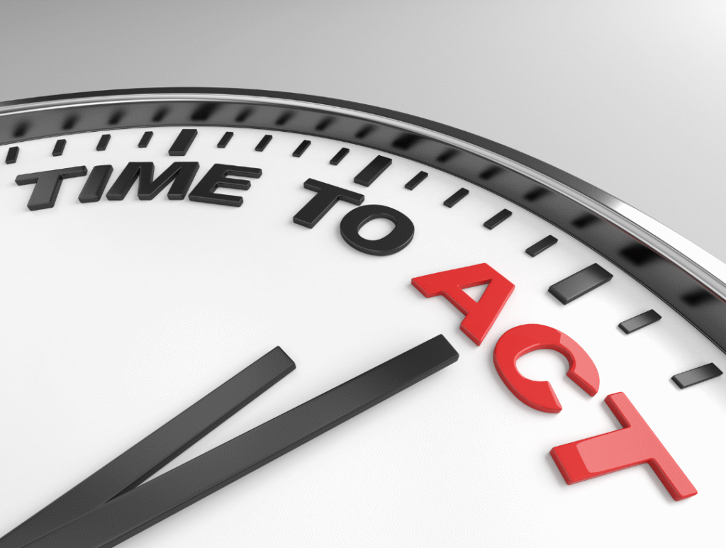 Klok met wijzers met daarop de tekst "Time to act