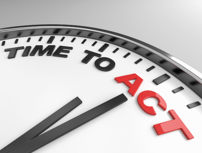 Klok met wijzers met daarop de tekst "Time to act